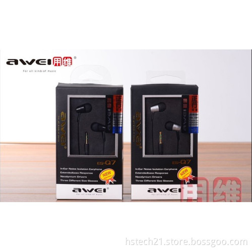 Wholesale price ES-Q7 awei headphones wired in ear headsets black noise cancelling Iphone,Ipad,mp3 player,computer earphones